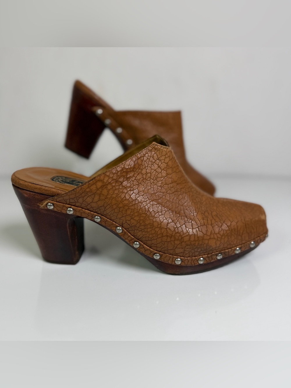 Salpy Womens 9 Brown Leather Studded Wood Platform Clogs Mules Boho Y2K Retro